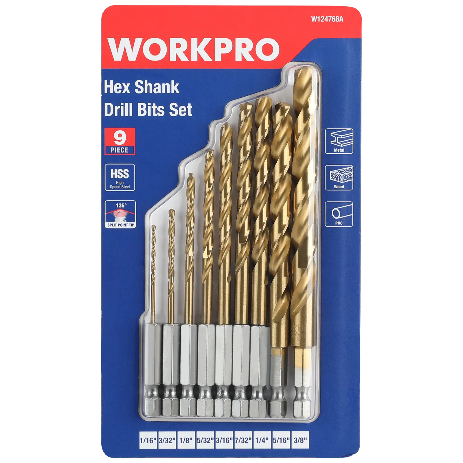 WORKPRO 9-Pack 1/4" Hex Shank Drill Bit Set, Titanium Plating HSS Drill Bits from 1/16" to 3/8" for Metal, Steel, Wood, PVC, Quick Change Design