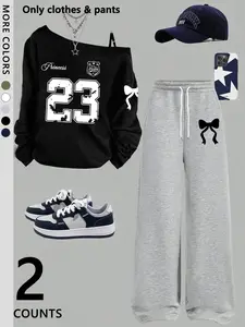 women/Teen Girls' Asymmetrical Strap Top & Wide-leg Pants Set, Oversized Loose Long-sleeve with Number "23" Letter Print, Soft & Versatile Unisex Casual Outfit