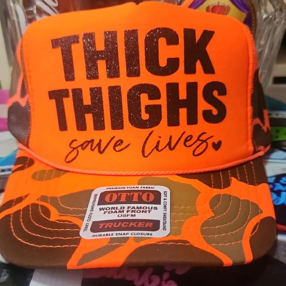 Otto Brand Thick Thighs Save Lives Trucker Hat Fashion Accessory Blingy Black Glitter Writing Orange Snap Closure