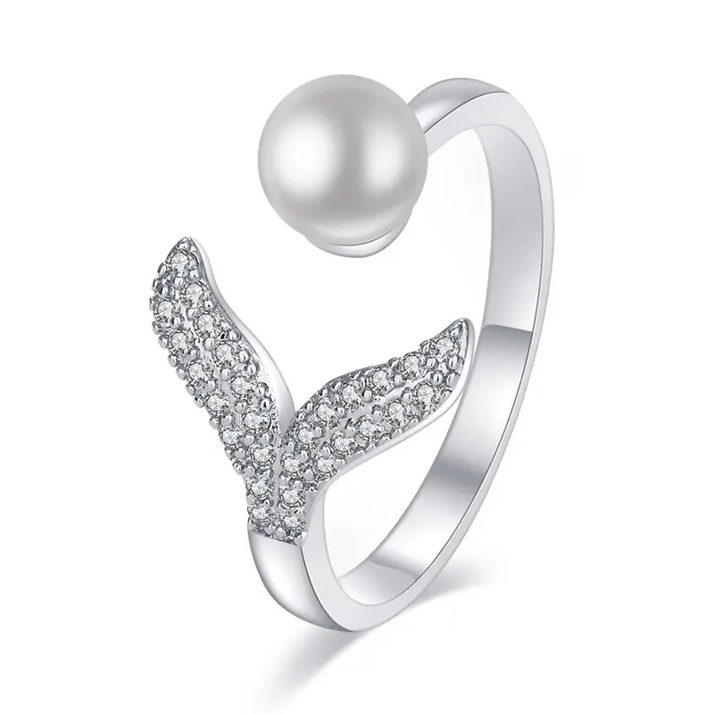 Korean Mermaid Tail Pearl Adjustable Open Ring for Women, Creative DIY Seashell Finger Band Jewelry