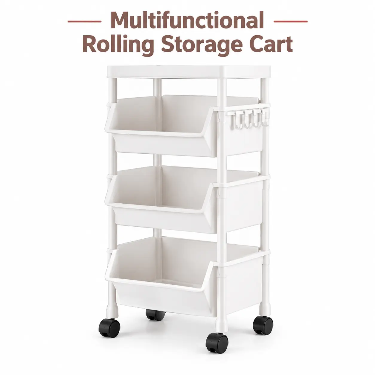 5-Layer Multi-Functional Plastic Household Storage Cart with Wheels, Stackable Organizer Rack Shelf for Bathroom & Bedroom, Hook-Included Solution for Home Improvement Storage Organization