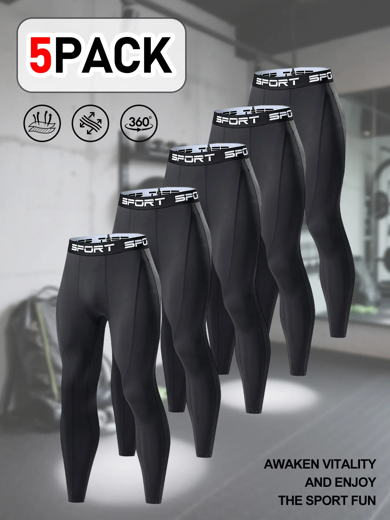 5PCS Mens Compression Pants, Quick Dry Long Workout Tights, Elastic Waistband Gym Leggings with Tummy Control for All-Day Comfort