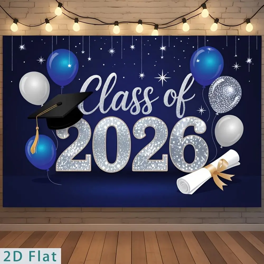 2D Flat Polyester Cloth Graduation Backdrop - HD Print Flat Banner, Soft, Lightweight, Foldable Patterned Party Decor for 2026 Grad Party (Blue Theme, Cap, Diploma, Balloons, Stars)