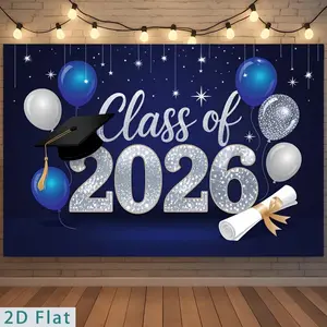 2D Flat Banner Polyester Photography Backdrop, HD Digitally Printed Soft Lightweight Foldable Background Cloth featuring a Blue Graduation Theme with "Class of 2026", Graduation Cap, Diploma, Balloons, and Stars for Party Decor, P