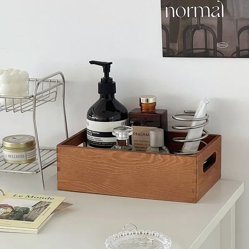 Vintage Wooden Handheld Storage Box, Home Storage Supplies, Long Rectangle Organizer, Desktop Miscellaneous Cosmetics Holder, Retro Style, Ideal for Home Organization