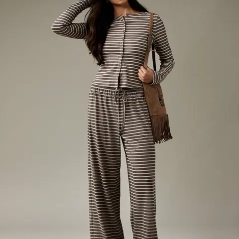 Women's 2-Piece Wide Leg Pants and Long Sleeve Striped Set Outfit, Casual Spring Autumn Knit Cardigan, Perfect for Leisure and Fashion Look