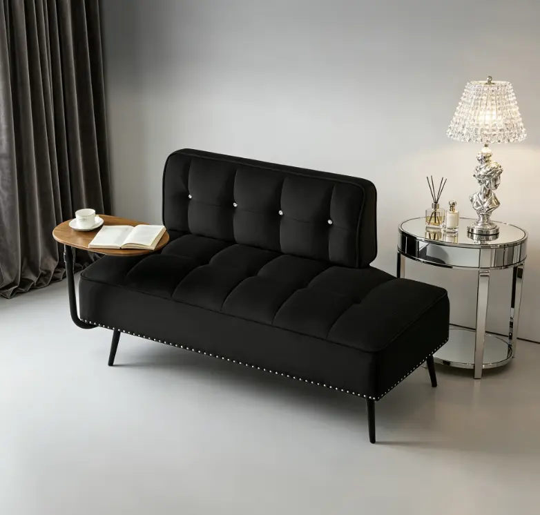 54-in Modern 2-Seater Velvet Sofa with Backrest - 360° Rotating Side Table, Entryway Ottoman, Multi-Purpose Bench, Space-Saving Indoor Furniture Set for Living Room, Bedroom