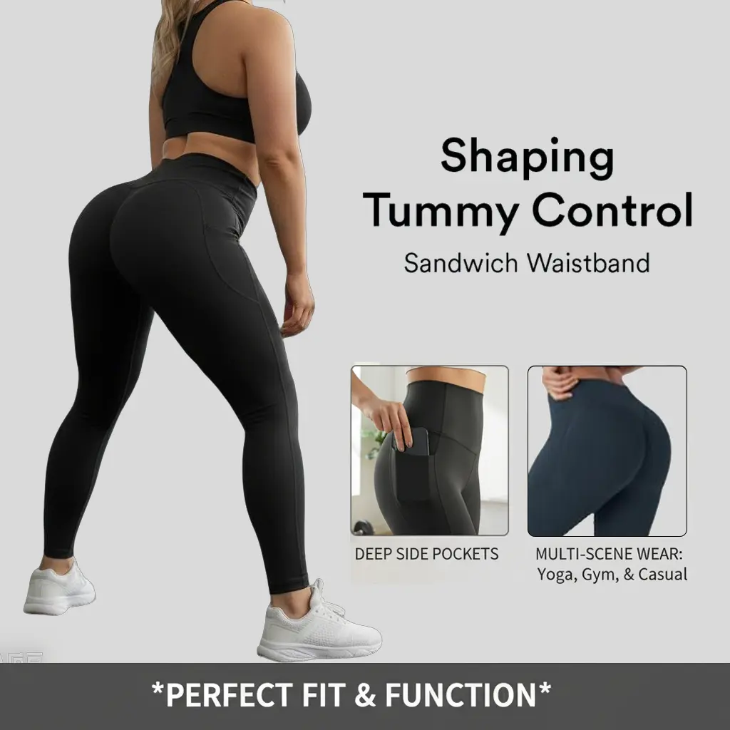 （Summer Vibes）Women's Butt Lifting High Waisted Workout Leggings with Side Pockets, Tummy Control Yoga Tights for Gym Fitness Outdoor Leisure Daily Wear, Spring Summer