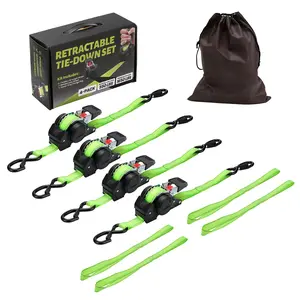 Measureman 1" x 10' Retractable Ratchet Straps 4 Pack Heavy Duty Self Retracting Tie Down Straps for Truck Cargo Trailer Secure Load Management