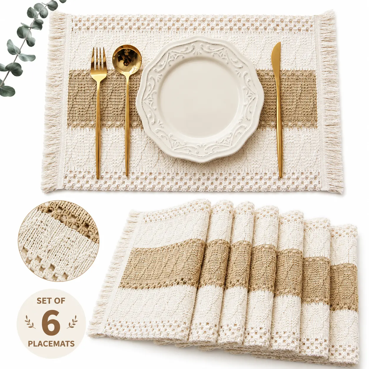 Boho Farmhouse Macrame Cotton Burlap Placemats Set of 6 - Hand-Knotted Fringe, 12x20 inches Rectangle, Heat-Resistant, Moisture-Absorbent, Breathable Country Rustic Tableware for Dining Table, Home Decor Enthusiasts