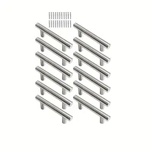 12-Piece Elegant Silver Color Cabinet Door Handles, Stainless Steel, Brushed Surface Finish, for Kitchen & Wardrobe, Includes Installation Screws