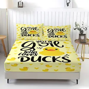Cartoon Q-version Yellow Duck Non Fading Fitted Sheet,Including 1 Bed Sheet and 2 Pillowcases,Anti Slip Dust Cover Suitable for Children,Teenagers and Adults' Bedroom Bedding Set,Suitable for Personal Use or as a Gift for Others