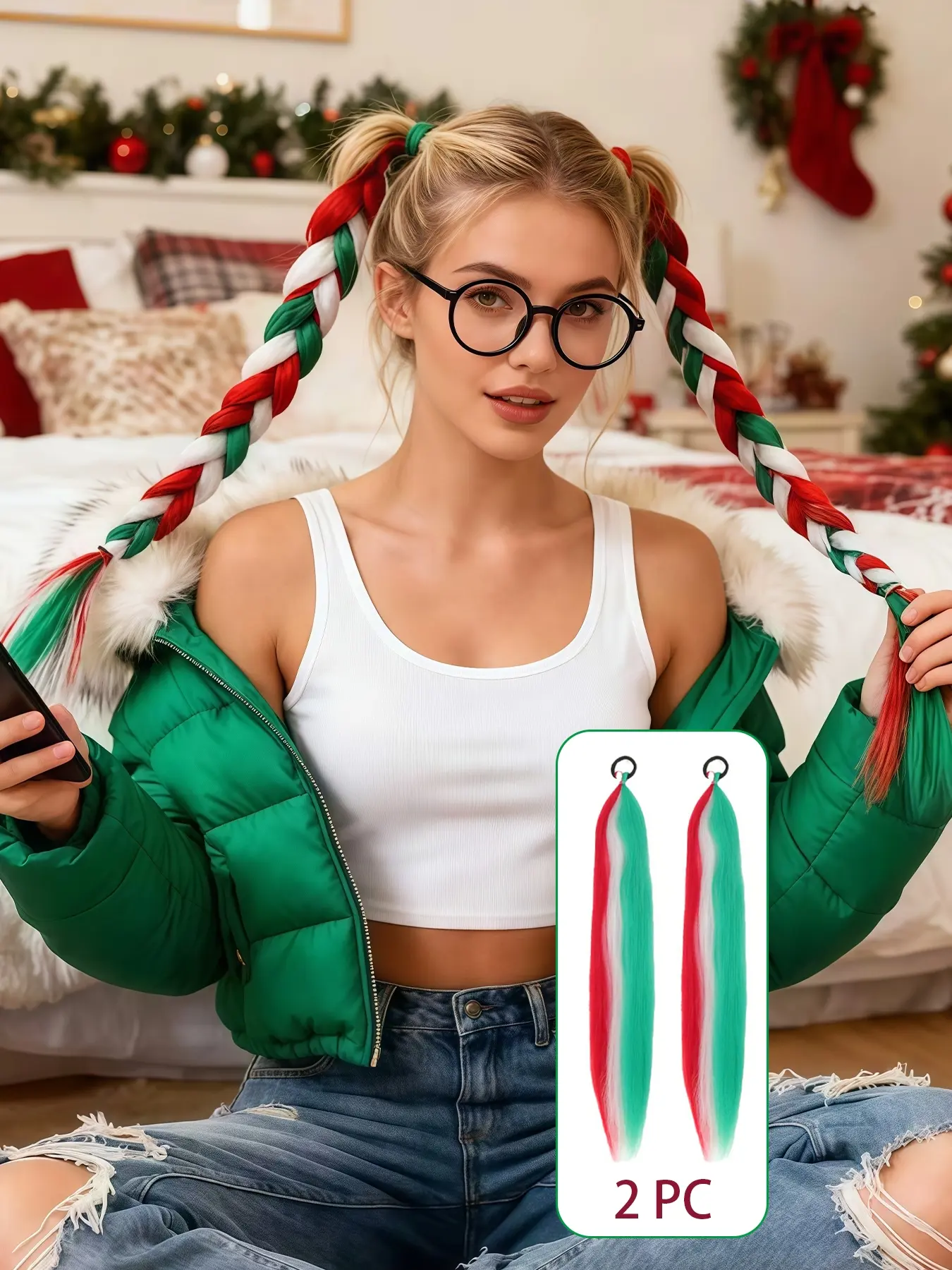 2pcs Festive Ombre Jumbo Braiding Ponytail Extensions for Women & Girls - 26-Inch Synthetic Heat-Resistant Hair with Elastic Band, Yaki Straight Ombre Red-Green Gradient Braids for Christmas, Holidays, Parties & Special Events, Hair Accessories, Holiday H