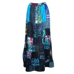 Womens Beach Maxi Skirt Blue Summer Skirt, Gujarati Patchwork Gypsy Skirts, S/M