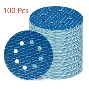 100 Sheets 5 Inch Blue Abrasive Sandpaper, Hook-And-Loop Anti-Slip Design, Extended Life, Grind & Polish Metal Wood