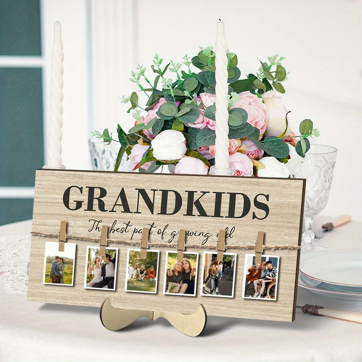 Wooden Family Picture Frame Set with 6 Clips, DIY Photo Display Stand for Home Decoration, Perfect Gift for Grandparents, Photo Frames