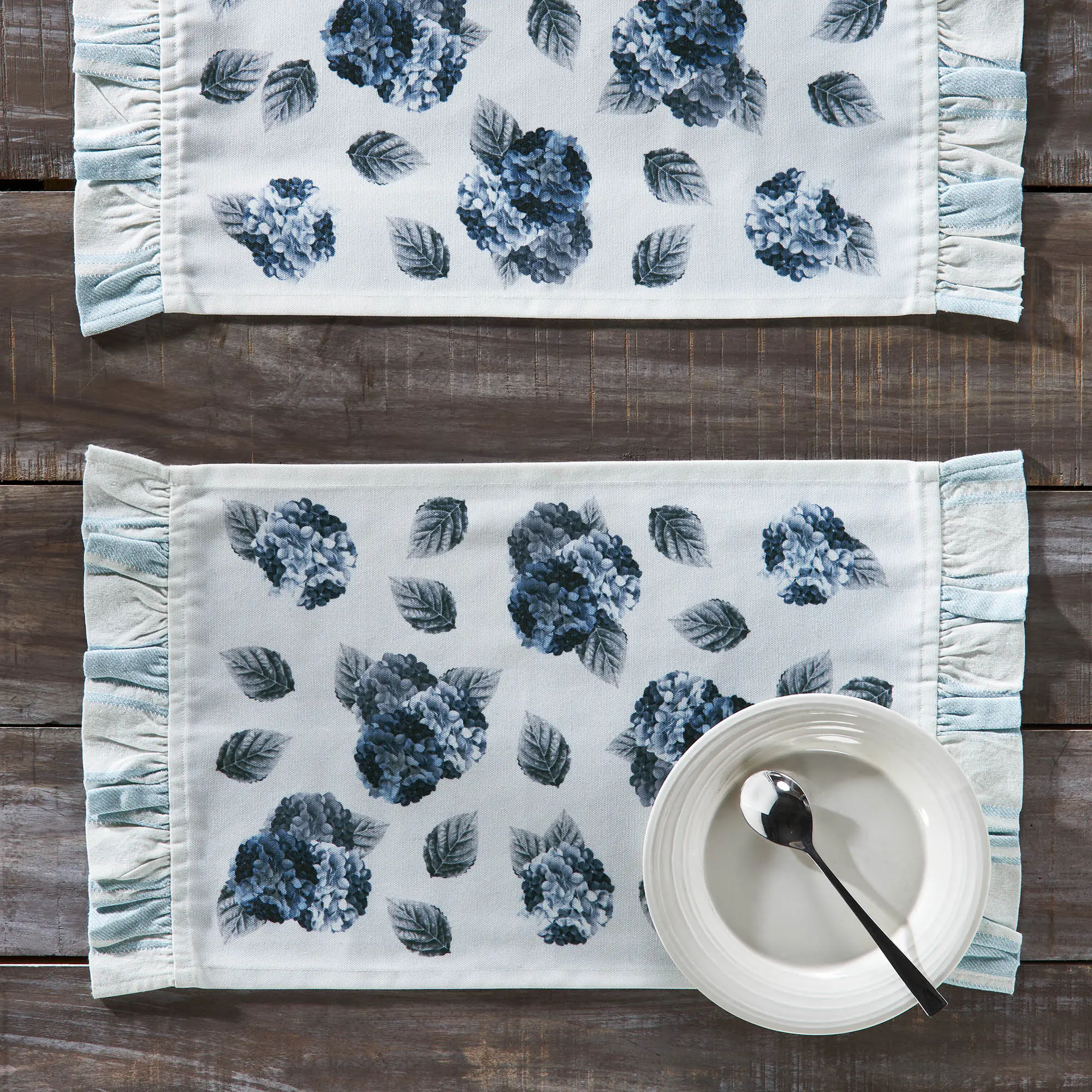 Serene Hydrangea Ruffled Placemat Set - 2-Piece, Farmhouse Tableware, Plastic (Oval, Round Options)