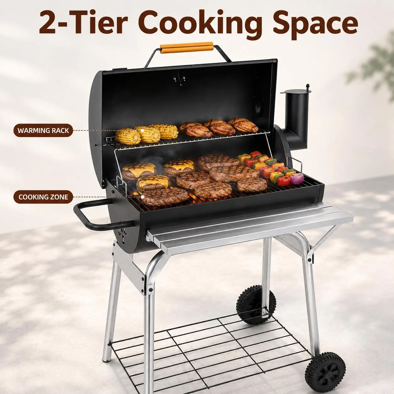 Medium Charcoal BBQ Pit - Stainless Steel Outdoor Camp Kitchen Cooking Equipment, 2-Tier Cooking Zone, 5-6 People Capacity, Smokeless Open Flame Grill-Smoker, Portable Camp Stove, Ideal for Patio & Camping, Assembly Required, Outdoor Bbq, Outdoor Cooking