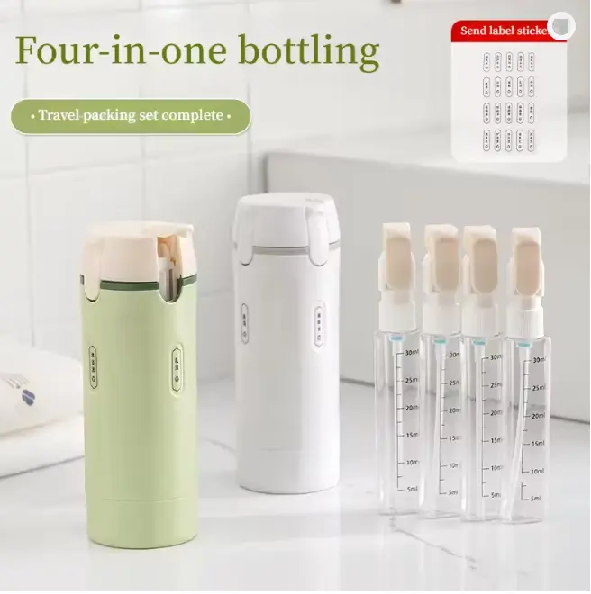 Certified 4-in-1 travel dispensing bottle, portable refillable container, travel-sized bottles for storing shampoo, lotion, cosmetics, and toiletries