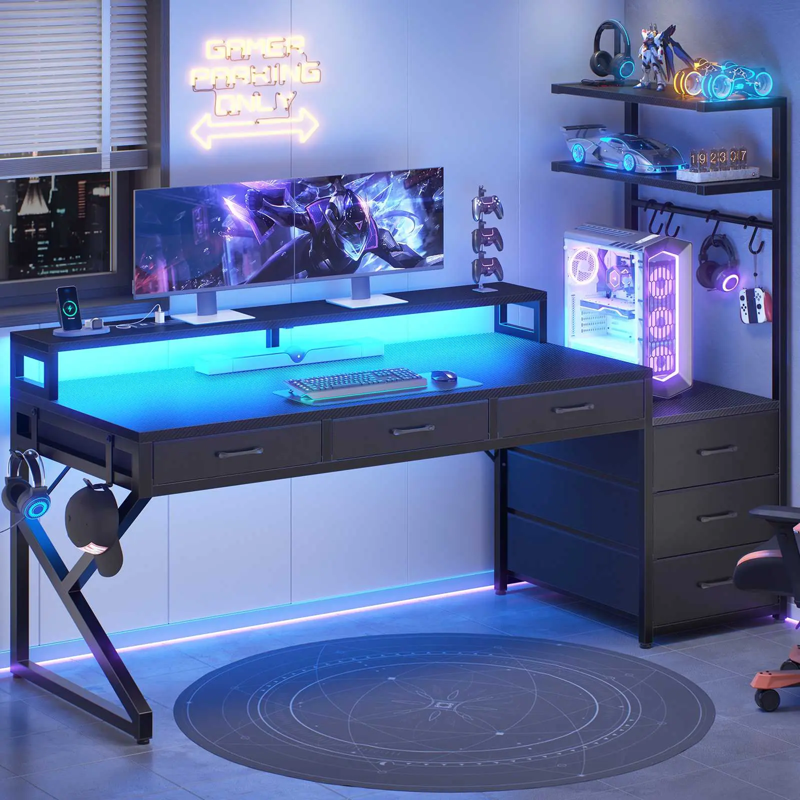 Sedeta 55" Modern Wood & Metal Reversible L-Shape Corner Gaming Computer Desk - Adjustable Monitor Mount, RGB Lighting, Power Outlet, Hutch, 6 Drawers, Side Hooks, Easy Setup, Reversible Face, Storage, Less Neck Strain | Indoor Furniture