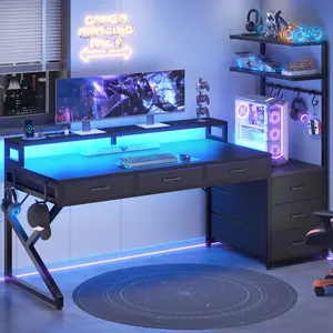 SEDETA 55" Gaming Desk with 6 Drawers, Corner Gaming Desk with Storage & LED Lights, Reversible PC Desk with Power Outlet, Corner Computer Desk with Hutch, Monitor Stand, Side Hook