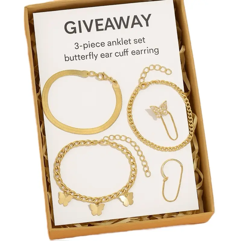 Golden Flutter Set - 3-Piece Anklet Set with Butterfly Ear Cuff Earring - Giveaway Edition Jewelry Collection