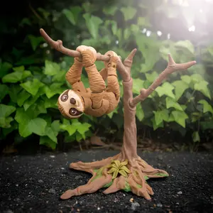 Articulated 3D Printed Sloth Figurine Jungle Desk Decor Plastic Material Hanging Pose Brown Wooden