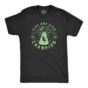 Mens Hide and Seek Champion Alien T Shirt Funny UFO Space Graphic Novelty Tee Mens Funny T Shirts Cool Vintage Fashion T-Shirt Gift Classic Menswear Funny Space Short Sleeve Novelty Tees for Guys Black