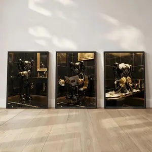 Gold KAWS Bathroom Wall Art Set of 3, KAWS Shower Poster, Hypebeast Bathroom Decor, Modern Washroom Wall Art, Luxury KAWS Prints,