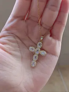 Women's Pendant Necklace, Religious Pendant, Copper Cross Pendant with Artificial Zirconia Stones, Casual Daily Wear Jewelry Accessory