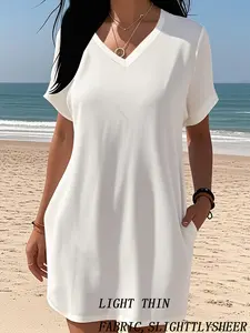 Women's Plain Minimalist V Neck Tee Dress, Casual Short Sleeve Dress for Summer, Ladies Clothes for Daily Wear