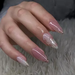 24 Pcs French Almond Nails, Gold Foil Marble Design, Glossy Reusable False Nails, Free Jelly Glue & Nail File, Perfect for Weddings & Parties