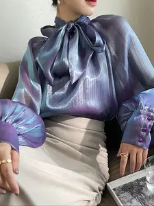 Women's Tie Neck Blouse Shirts, Elegant Fashion Casual Loose Long Sleeve Top for Daily Outdoor Wear, Ladies Clothes for All Seasons, Womenswear