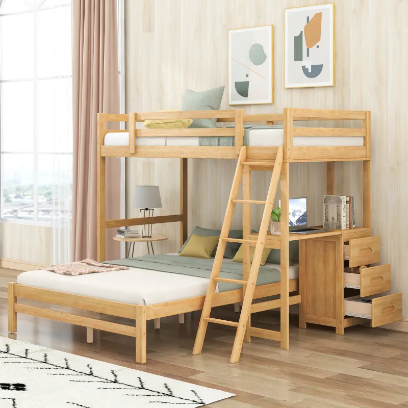 Modern Twin-Over-Full Bunk Bed with Solid Wood Frame, Built-In Desk and 3 Storage Drawers