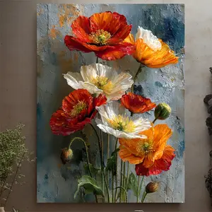 1 Piece Framed Canvas Floral Painting - Bold Red White Orange Poppies, Blue Gray Textured Background - Recycled Wood Frame - Modern Farmhouse Style, Simple Bohemian Home Decor - Ready-to-Hang Wall Art Poster - Living Room, Bedroom, Office Decoration - Wal