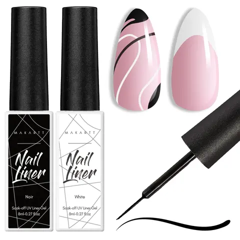 Makartt 8ML Bottle Black White Gel Liner Polish Set - 2-Color Thin Brush Fragrance-Free Soak-Off UV-Curing Kit for Autumn French Tips, Geometric Designs, Salon Manicure & DIY At-Home Nails