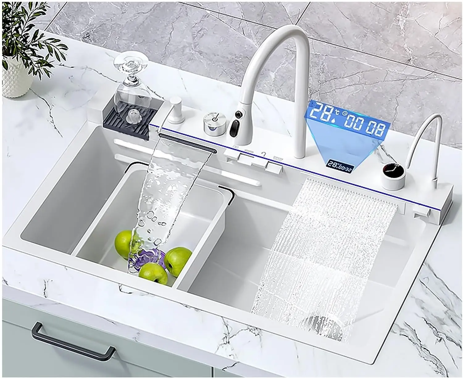 Bronstarz 29.5*18 INCH Digital Display Embossed Stainless Steel Full White Raindance Waterfall Kitchen Sink with Pressurized Cup Washer and Two Waterfalls Accessories Included 29.5x18 INCH