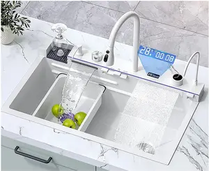 Bronstarz 29.5*18 INCH Digital Display Embossed Stainless Steel Full White Raindance Waterfall Kitchen Sink with Pressurized Cup Washer and Two Waterfalls Accessories Included 29.5x18 INCH