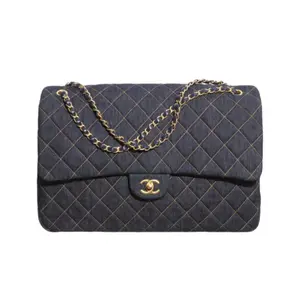 ‮ LENAHC  ‬ Classic Flap Bag Denim Medium Navy Blue Gold Hardware Shoulder Bag
