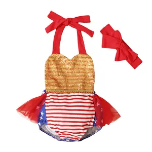 Newborn Baby Girl 4th of July Outfit Sleeveless Stars Stripe Print Sequins Halter Tulle Tutu Romper Dress with Headband