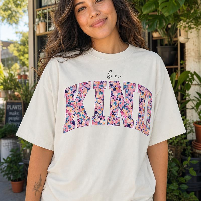 Women's Cotton Floral "Be Kind" Graphic T-Shirt - Casual Short-Sleeve Loose Top, Inspirational Positivity, Breathable, Plus Size