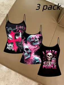 Plus Size Women's Digital Print Tank Tops, Punk Rock Festival Style, Skull Print, Three-Piece Set, Fashionable and Comfortable