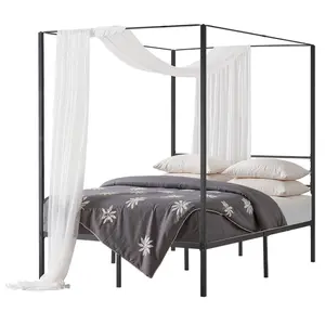 Full Size Canopy Bed Frame Made From Durable Metal With Four Sturdy Posts Black Finish, Decorative Canopy Bed With Metal Framework, Versatile Classic Bedroom Furniture For Modern And Traditional Décor
