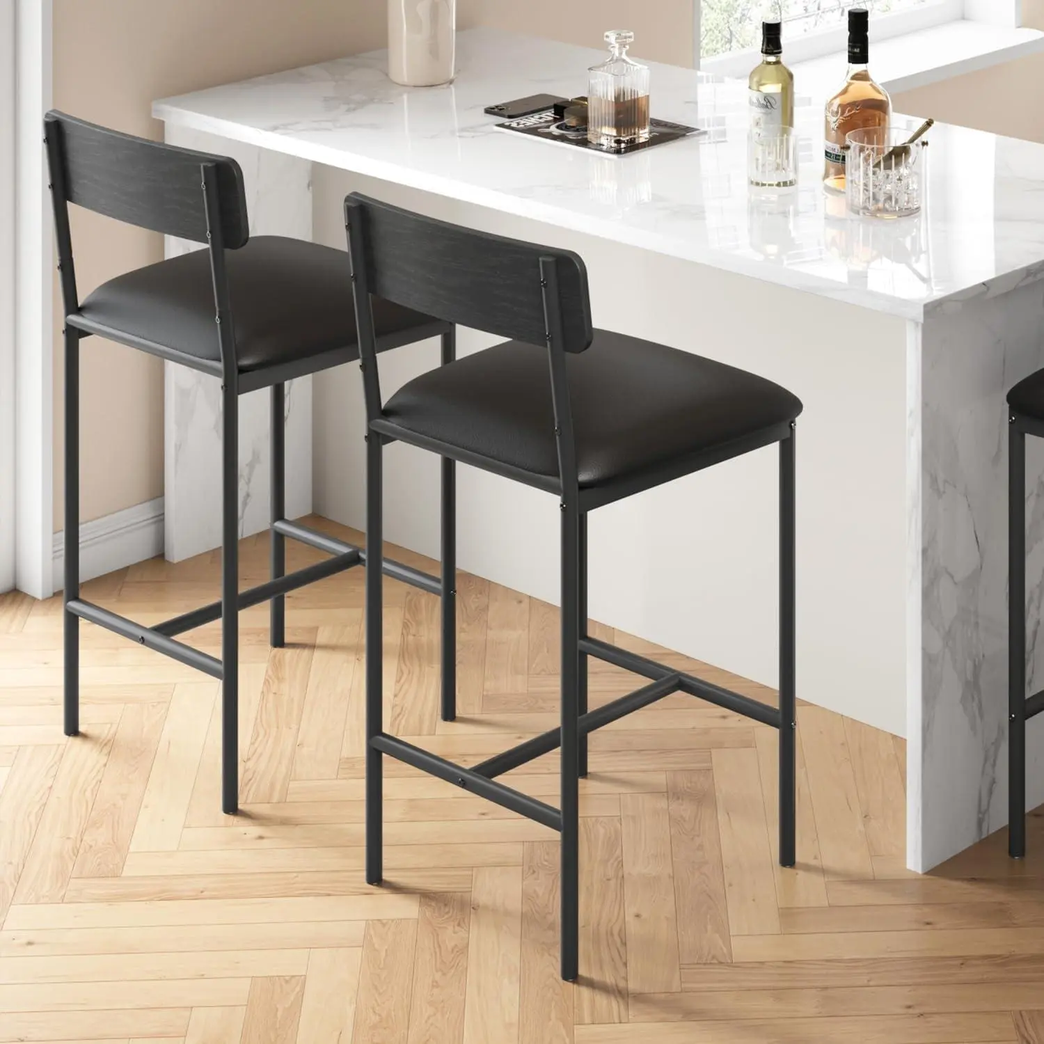 Bar Stools Set of 2 with Footrest, 25.5 Inches Upholstered Bar Chair with Back, Easy Assembly, Rustic Black