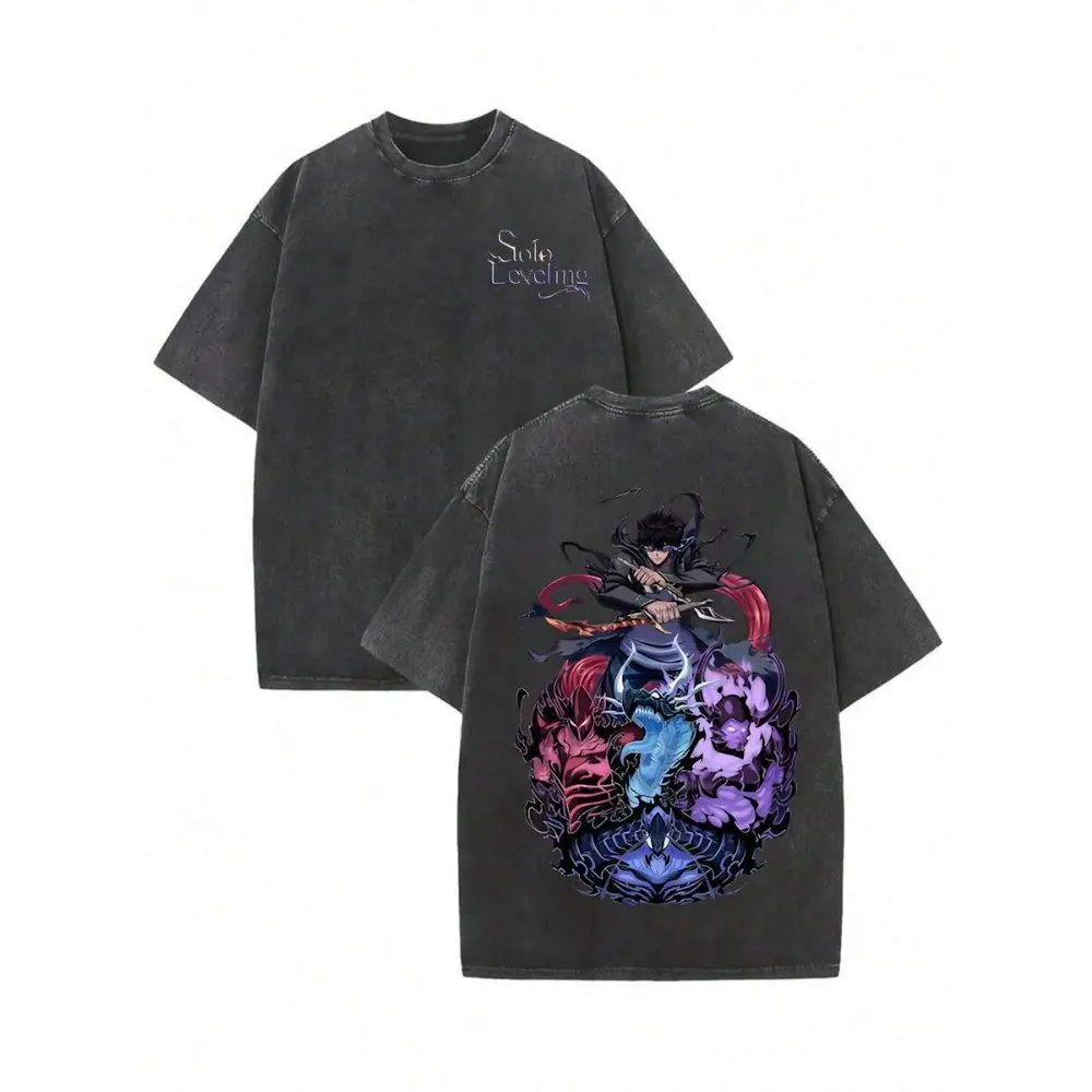I Upgraded Alone Anime Y2K Washed Cotton T-Shirt – 230G Heavyweight Double-Sided Graphic Print, Vintage Washed Oversized Casual Streetwear Tee for Men, Summer Outdoor Daily Wear, Back to School Gift