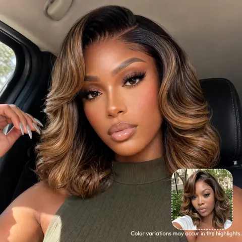 UNice No Slip 7x5 Side Part Body Wave Bob Wig with Balayage Brown Highlight Glueless Human Hair Wig with Drawstring Natural Hairline