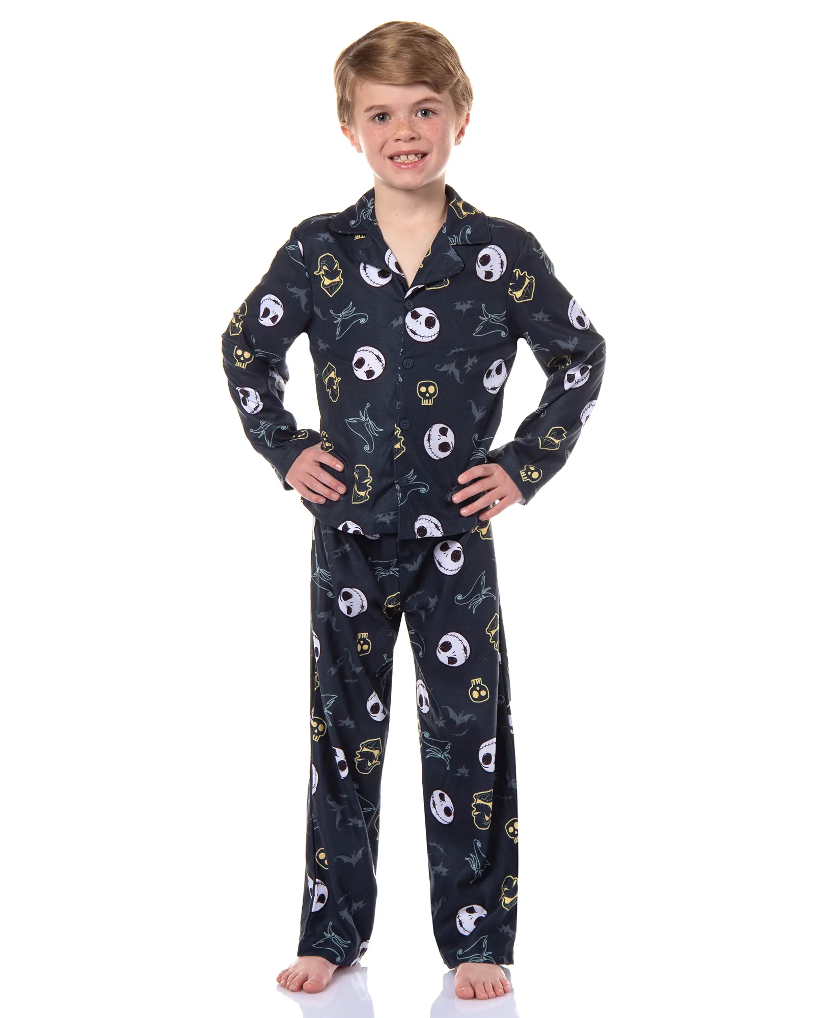 Disney Nightmare Before Christmas Boys' Jack and Oogie Boogie Woven Button-Up Coat and Pants 2-Piece Pajama Set