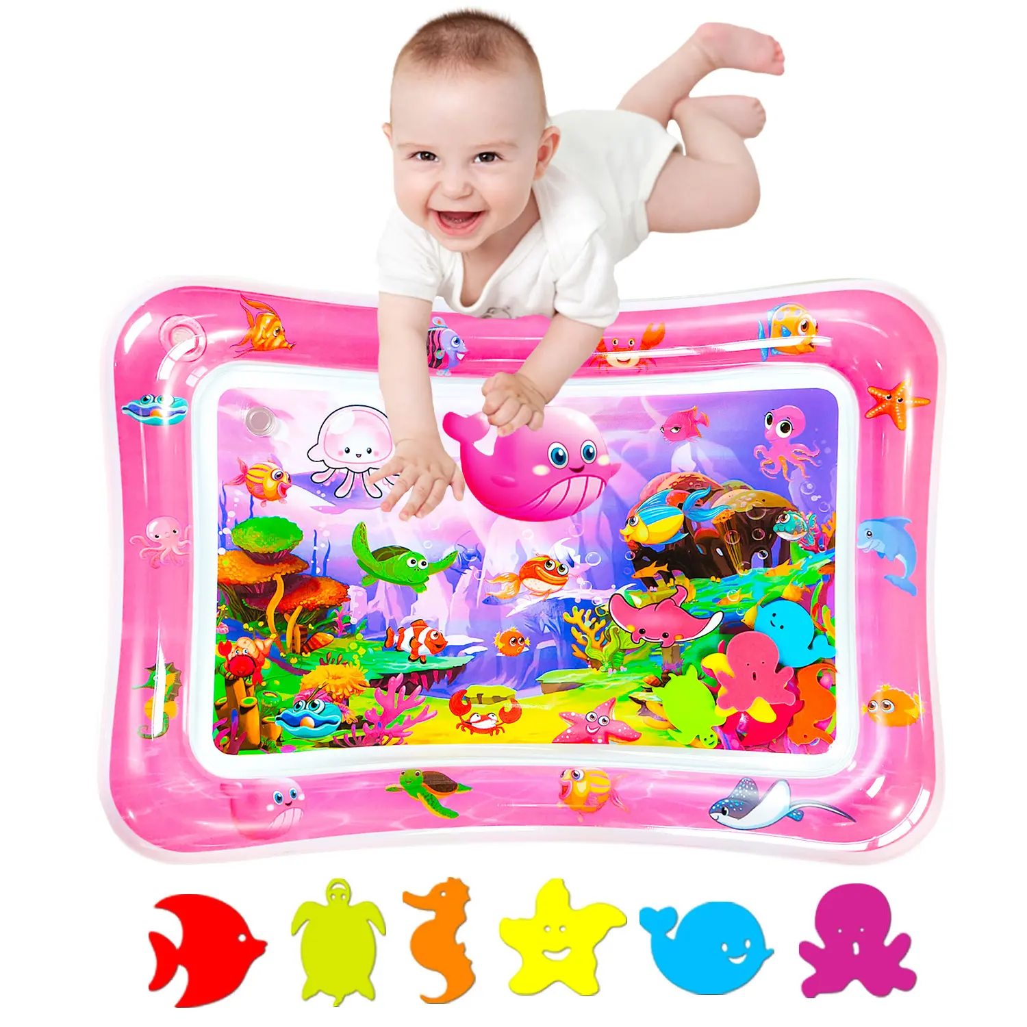 Inflatable Tummy Time Water Mat for 3-18 Months Babies, 26x20in Seabed Marine Theme Sea Animals Toy, BPA-Free PVC, Leakproof, Durable PVC for Repeat Play, Water Mat Keeps Baby Dry During Play, Toddler Gift