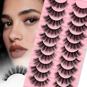Wispy 3D Faux Mink Lashes 10 Pairs Pack, 18mm Dramatic Cat Eye False Eyelashes, Fluffy Soft Natural Look Lash Strips, Reusable C Curl Eyelashes