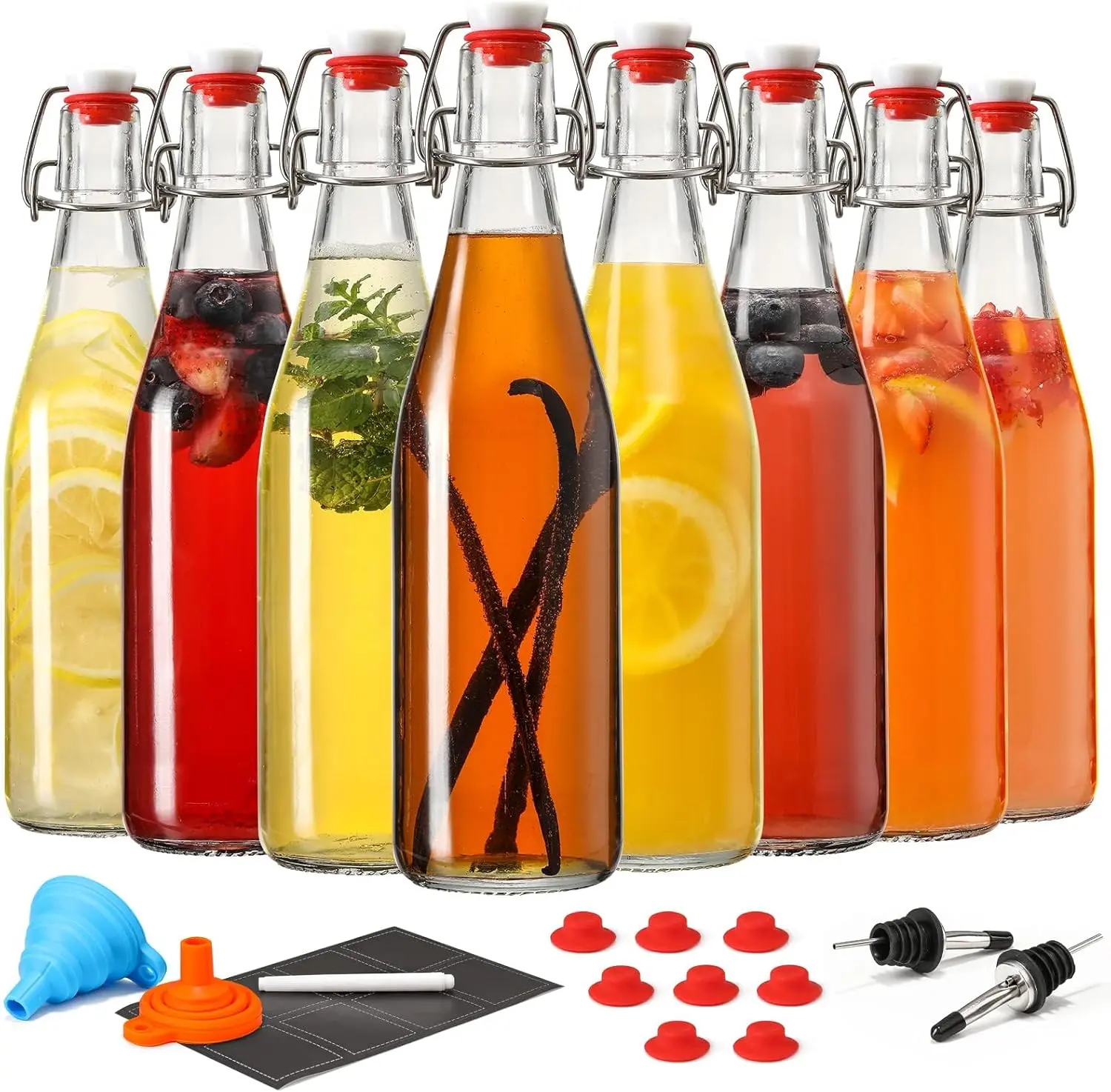 8-Pack 16oz Transparent Swing Top Glass Bottles - Flip Top Steel Stopper Airtight Storage Bottles with Bonus 2 Plastic Pourers for Fermentation, Kombucha, Soda